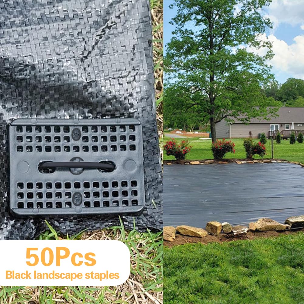 U-shaped Bakulyor stakes penetrating landscape fabric for strong hold