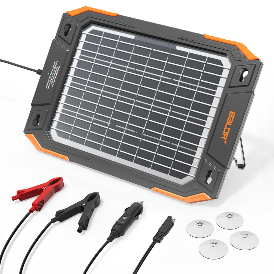 Baldr 13W solar charger — front view keeps a 12V battery ready on the go