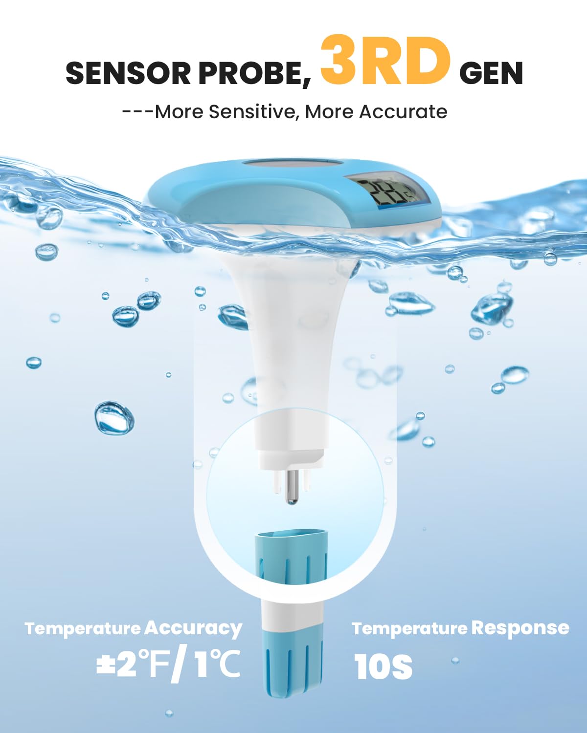Baldr floating thermometer beside poolside lounge chair.