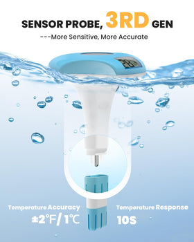 Baldr floating thermometer beside poolside lounge chair.