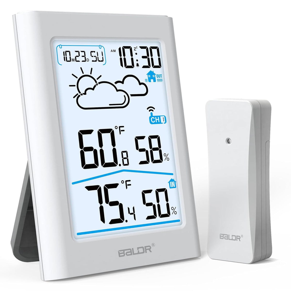 Baldr indoor outdoor thermometer front display shows current temperatures at a glance.