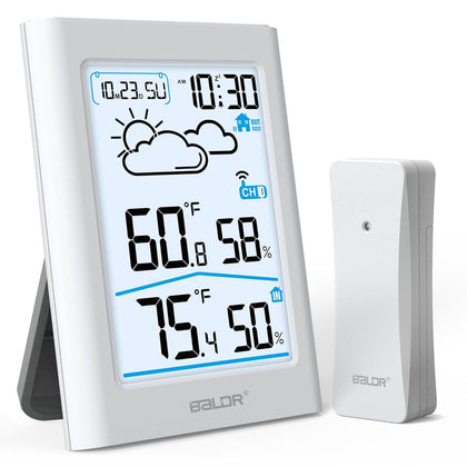 Baldr indoor outdoor thermometer front display shows current temperatures at a glance.