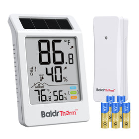 BaldrTherm digital hygrometer indoor-outdoor display tracks temperature and humidity at a glance.