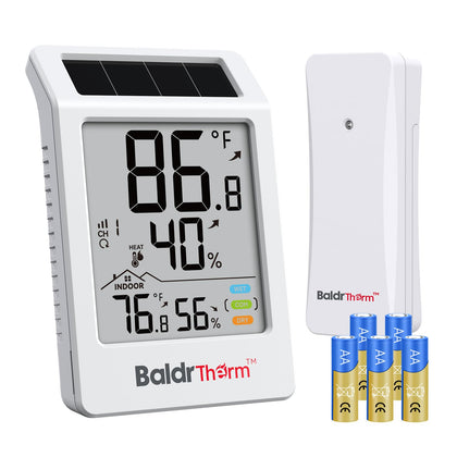 BaldrTherm digital hygrometer indoor-outdoor display tracks temperature and humidity at a glance.