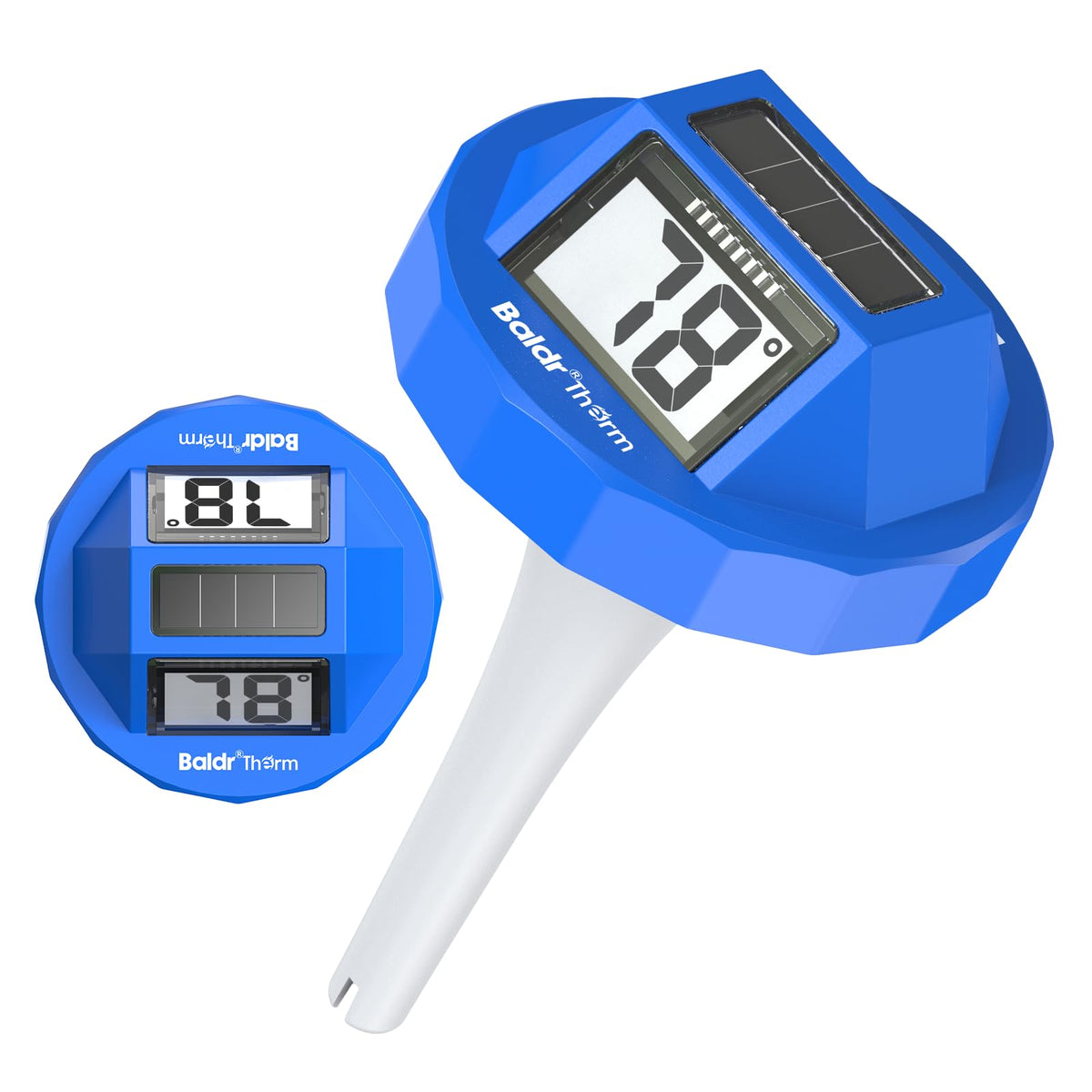 BaldrTherm floating solar pool thermometer with double-sided display for easy readings.