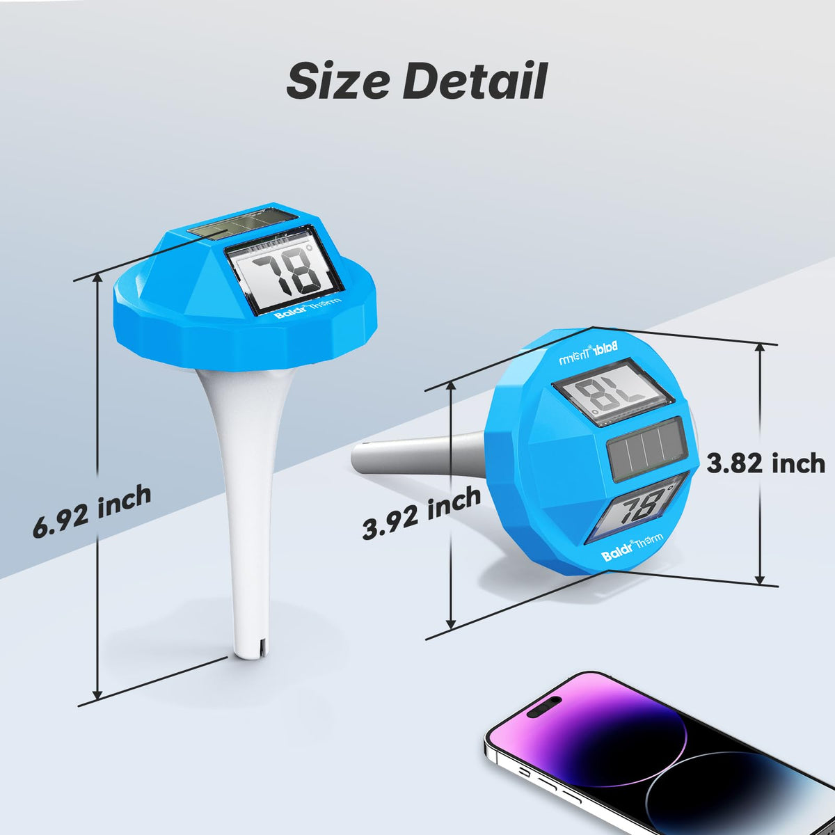BaldrTherm dual-display pool thermometer provides clear readings from multiple angles