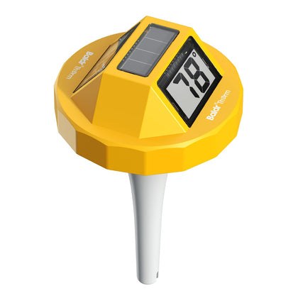 BaldrTherm floating pool thermometer with solar panel for maintenance-free pool monitoring.