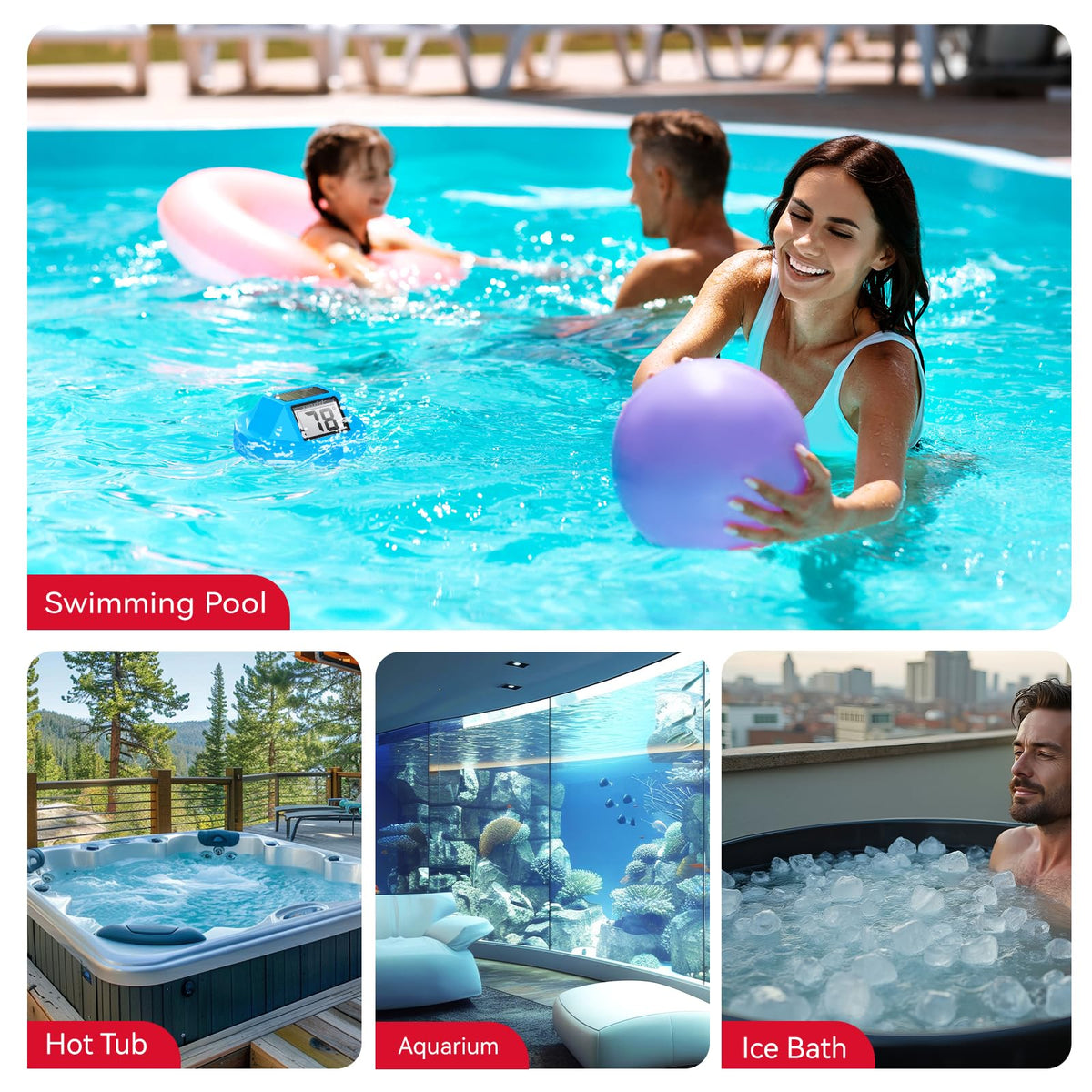 BaldrTherm floating thermometer in use by pool edge for easy checks