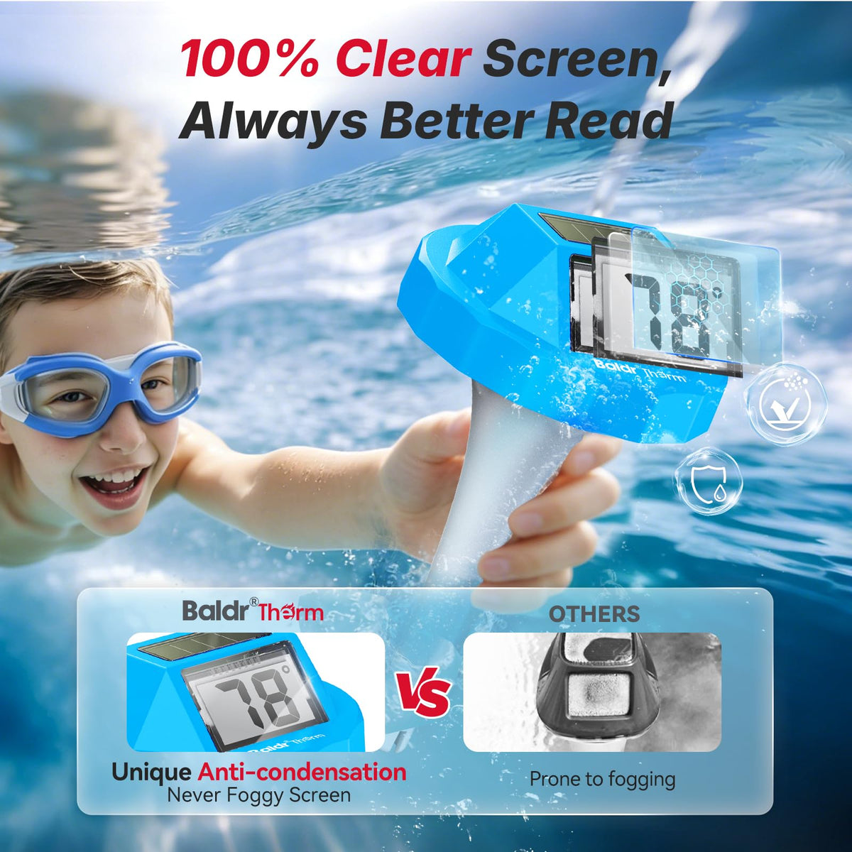 BaldrTherm IPX7 fog-free pool thermometer withstands steam and splashes