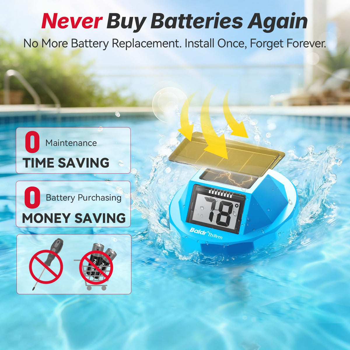 BaldrTherm solar-powered pool thermometer floats for maintenance-free monitoring