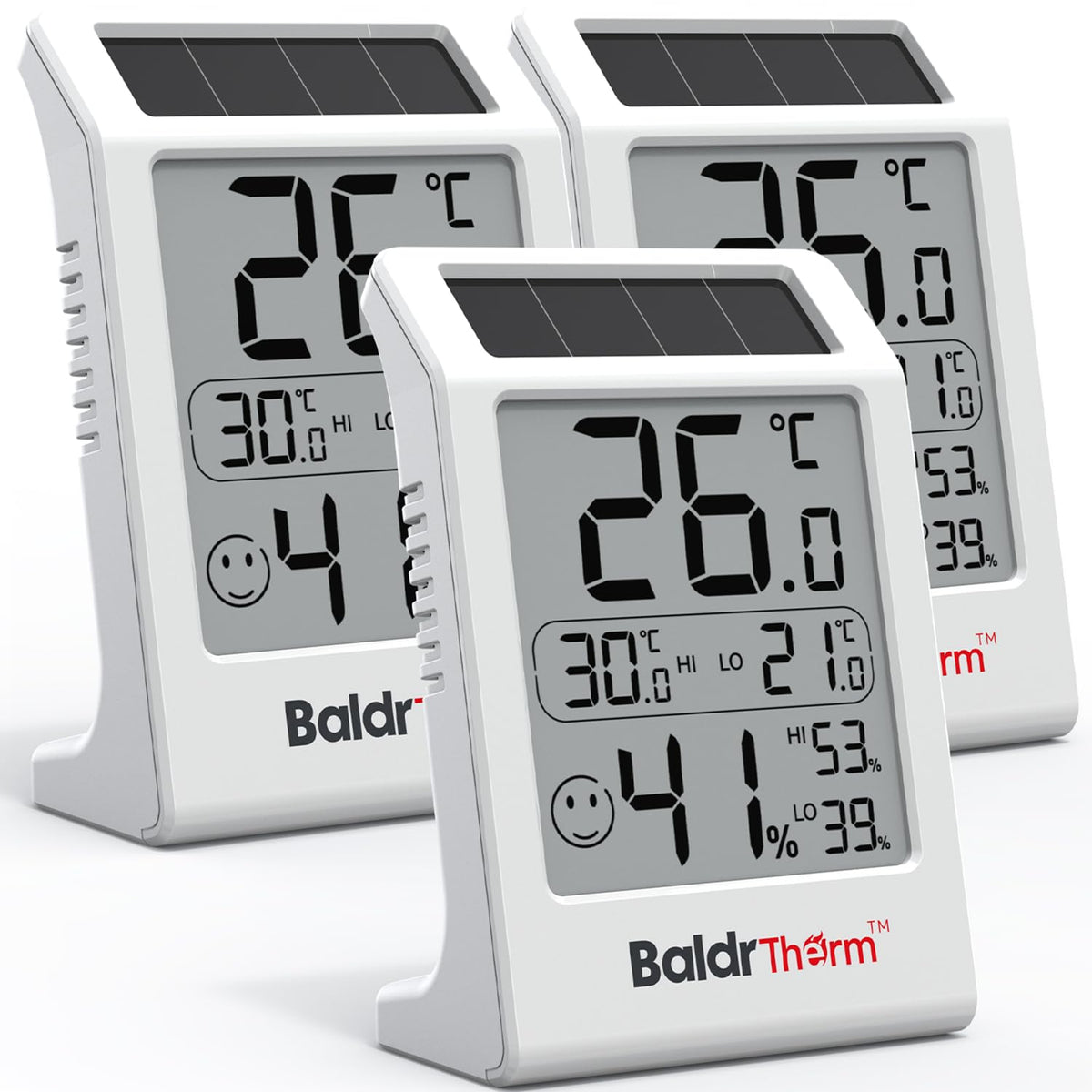 BaldrTherm solar-powered room thermometer display shows real-time temperature at a glance.