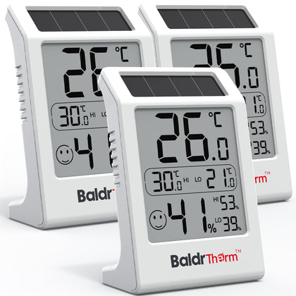 BaldrTherm solar-powered room thermometer display shows real-time temperature at a glance.