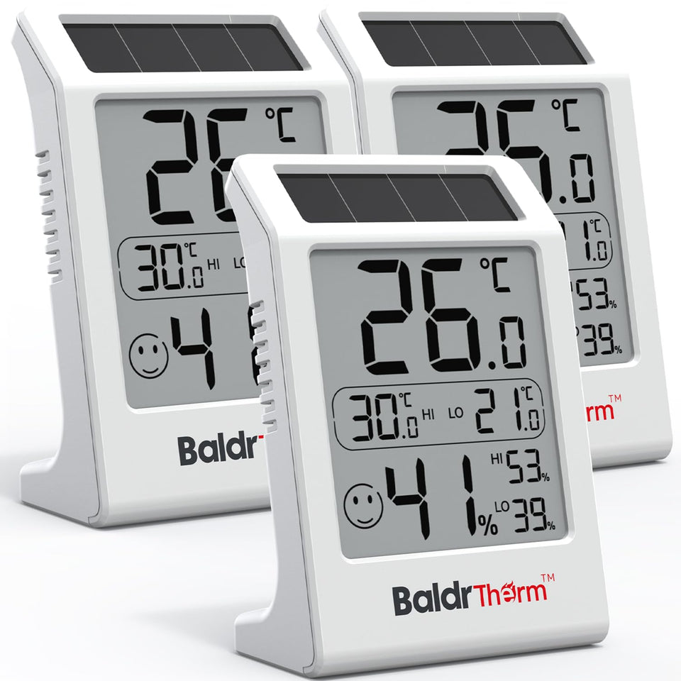 BaldrTherm solar-powered room thermometer display shows real-time temperature at a glance.