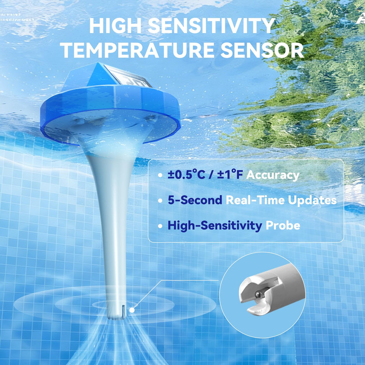 BaldrTherm solar-powered thermometer suited for hot tubs and spas.
