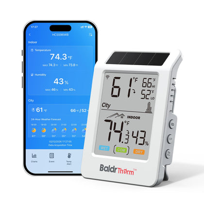 BaldrTherm WiFi thermometer hygrometer front view for quick readings from anywhere.