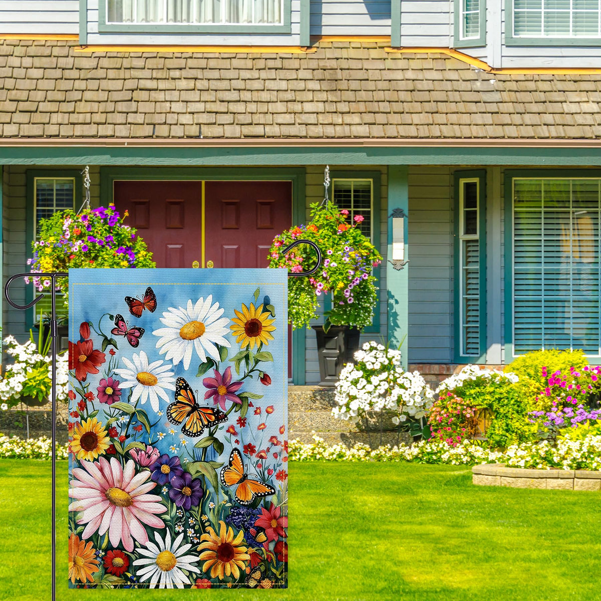 Balgardekor Daisy flag displayed on a porch enhances welcoming yard display.