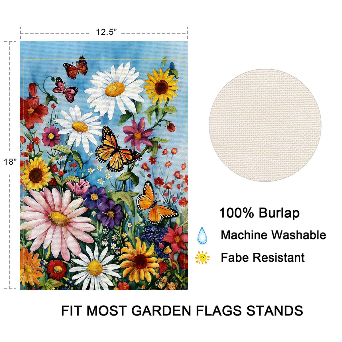 Balgardekor Daisy flag uses weather-resistant burlap for outdoor use.