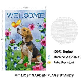 Balgardekor double-sided dog flag burlap visible from both sides outdoors.