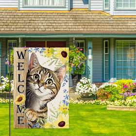 Balgardekor double-sided flag shows sunflower cat design from both sides for versatile display.