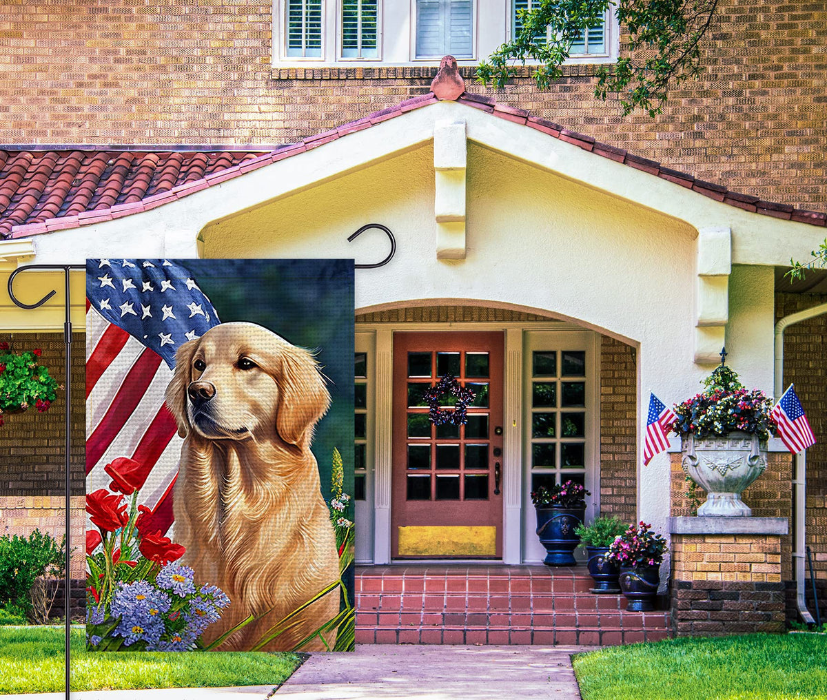 Balgardekor Golden Retriever patriotic flag for yard and porch year-round curb appeal.