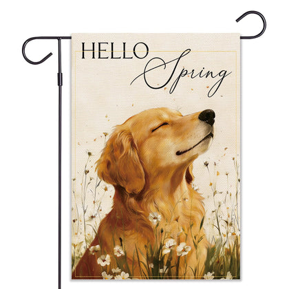 Balgardekor Hello Spring dog flag, double-sided, ideal for welcoming guests outdoors.