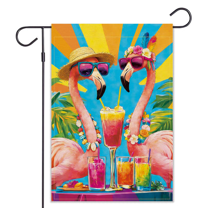Balgardekor Summer Garden Flag Flamingo front view glowing in sun, ideal welcome decor.