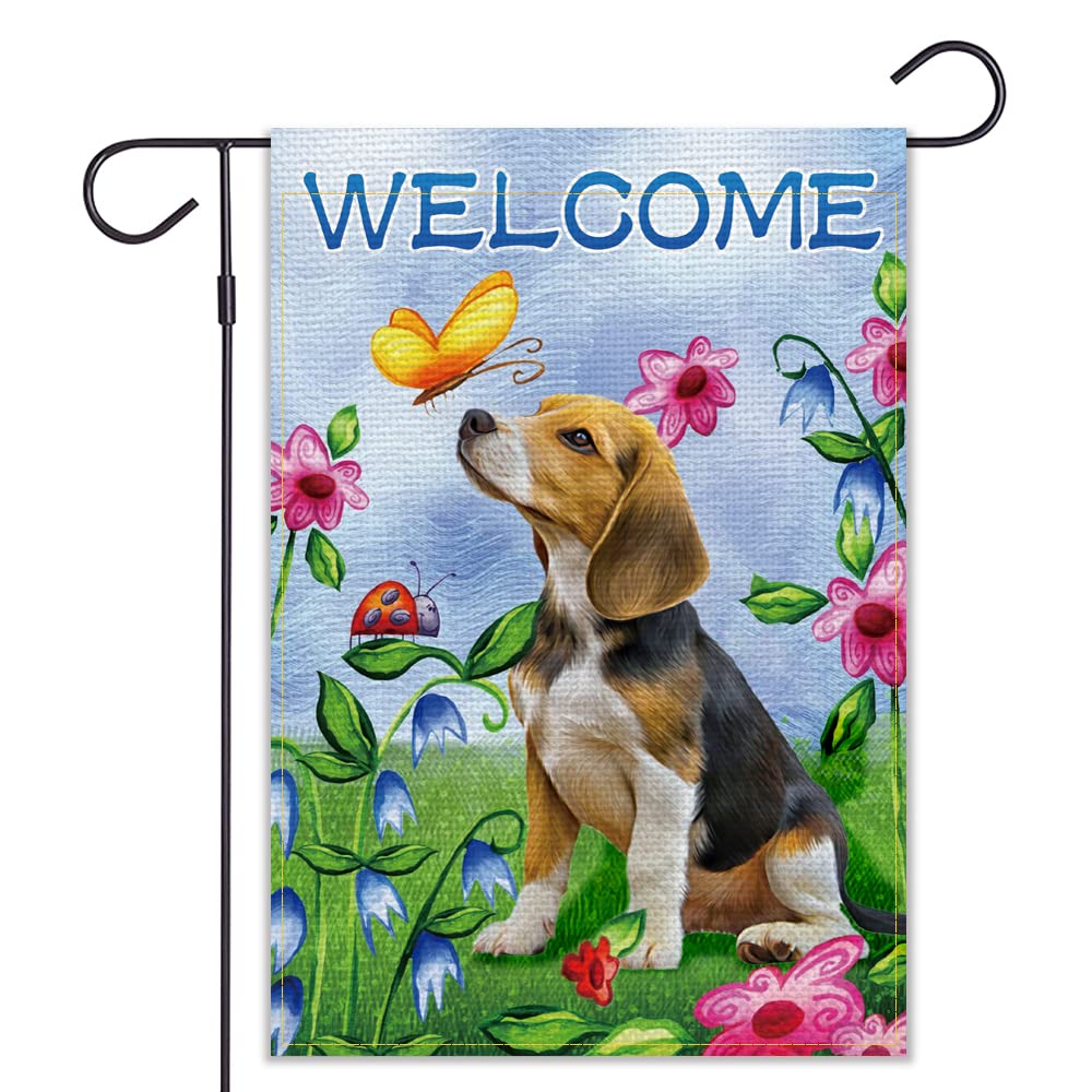 Balgardekor Welcome Dog garden flag vertical greets visitors with a cheerful dog motif.