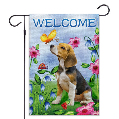 Balgardekor Welcome Dog garden flag vertical greets visitors with a cheerful dog motif.