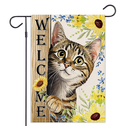 Balgardekor Welcome Summer garden flag featuring cat and sunflower, outdoor weather-resistant decor for porch.