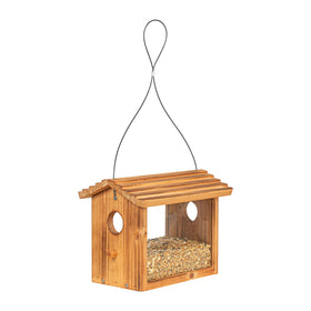 BalterFF wooden outdoor bird feeder in natural garden setting, showcasing durable solid wood design and seed-dry benefits
