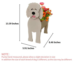 LoKii Golden Doodle dog planter in PVC; durable, easy to clean, suitable for patios.