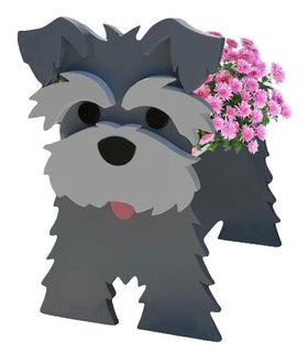 Bamboo's Grocery LoKii gray Schnauzer dog planter – front view, sturdy PVC construction supports soil and plants.