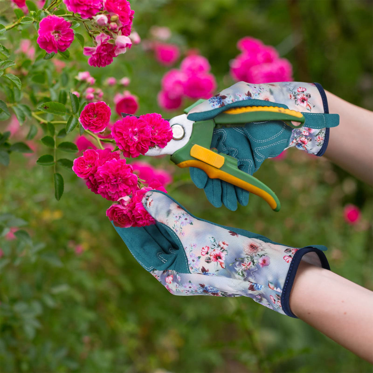 Bamllum gloves in use for pruning and weeding in a home garden