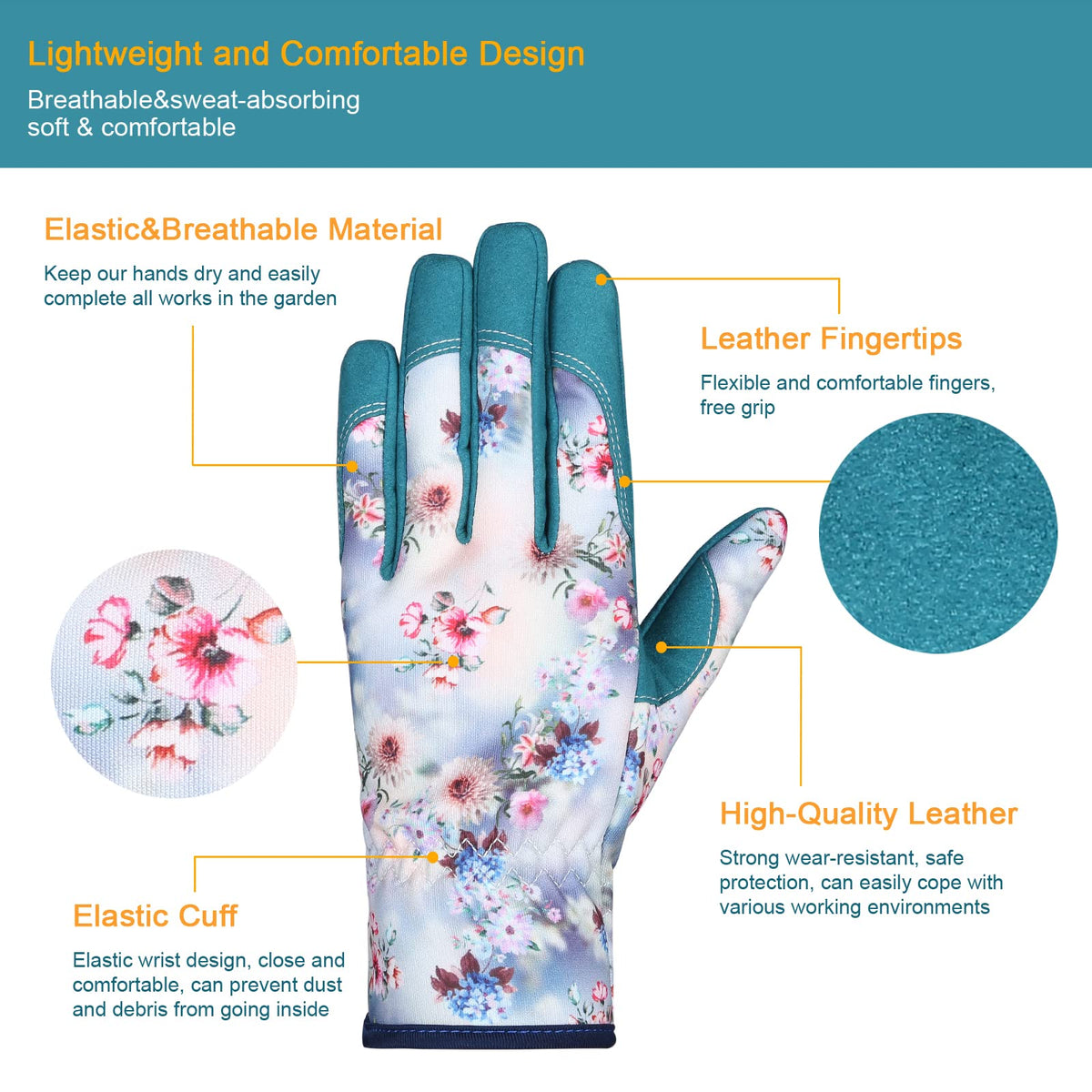 Back panel of Bamllum gloves with breathable fabric keeping hands dry during gardening