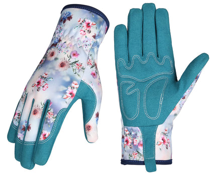 Bamllum leather gardening gloves for women in blue and white showing durable grip for weeding
