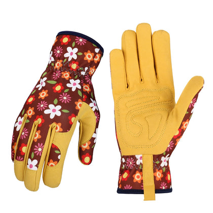 Bamllum leather gardening gloves for women in closeup, highlighting durable grip and protection.