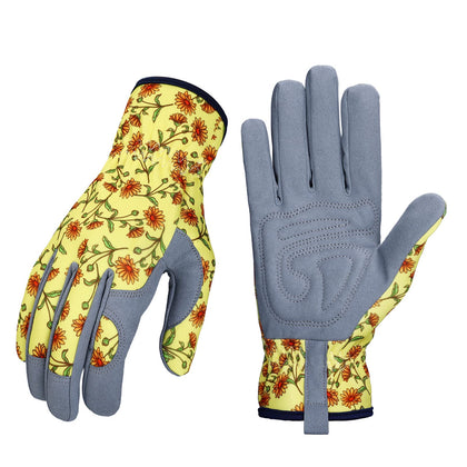 Bamllum leather gardening gloves for women showing palm grip for precise planting tasks.