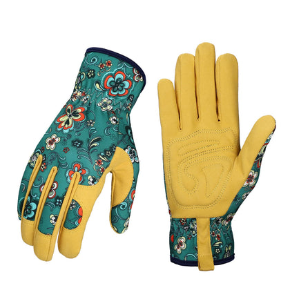 Bamllum leather gardening gloves on hand showing durable grip for weeding and planting