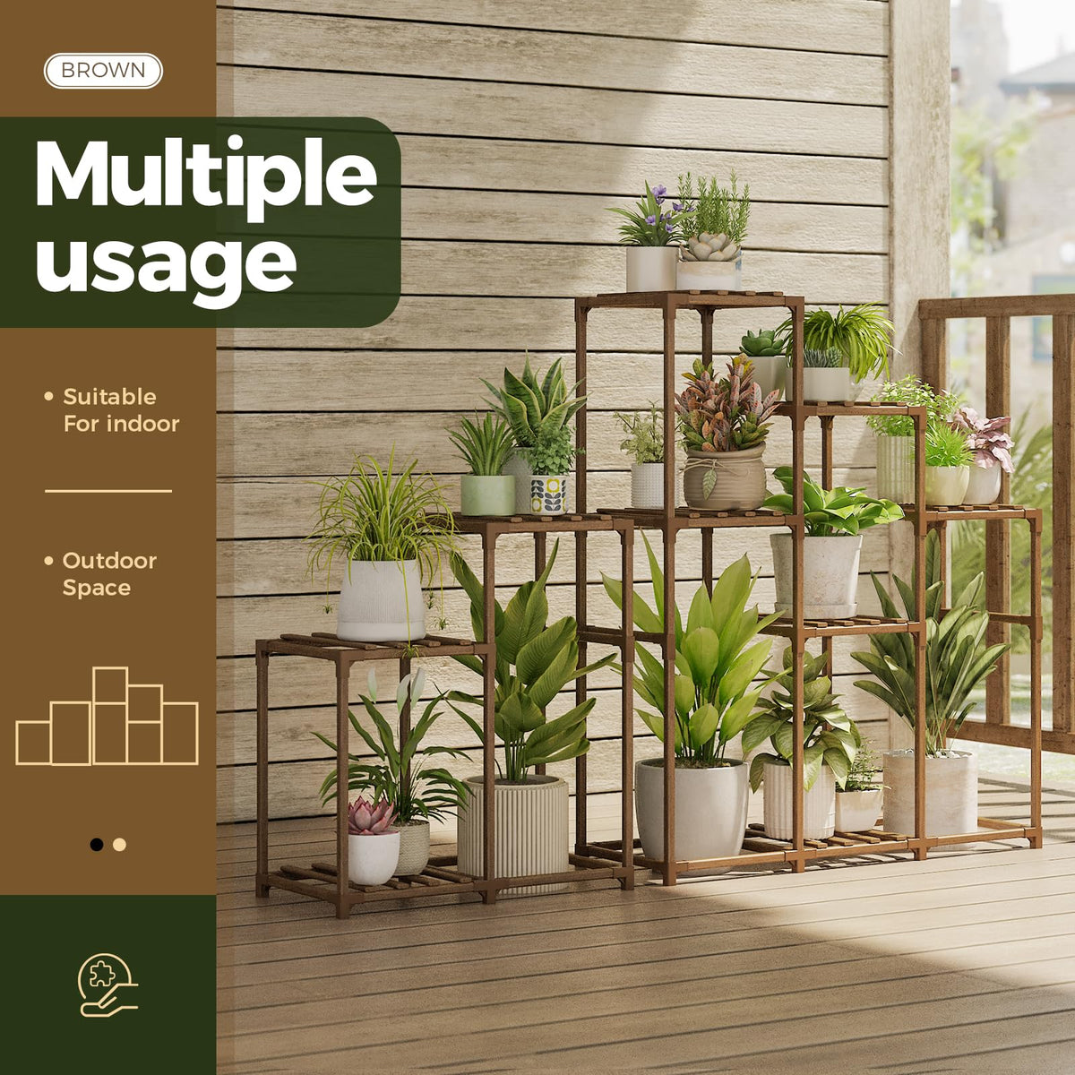 Bamworld 12 pot capacity plant shelf arranged with pots and greenery
