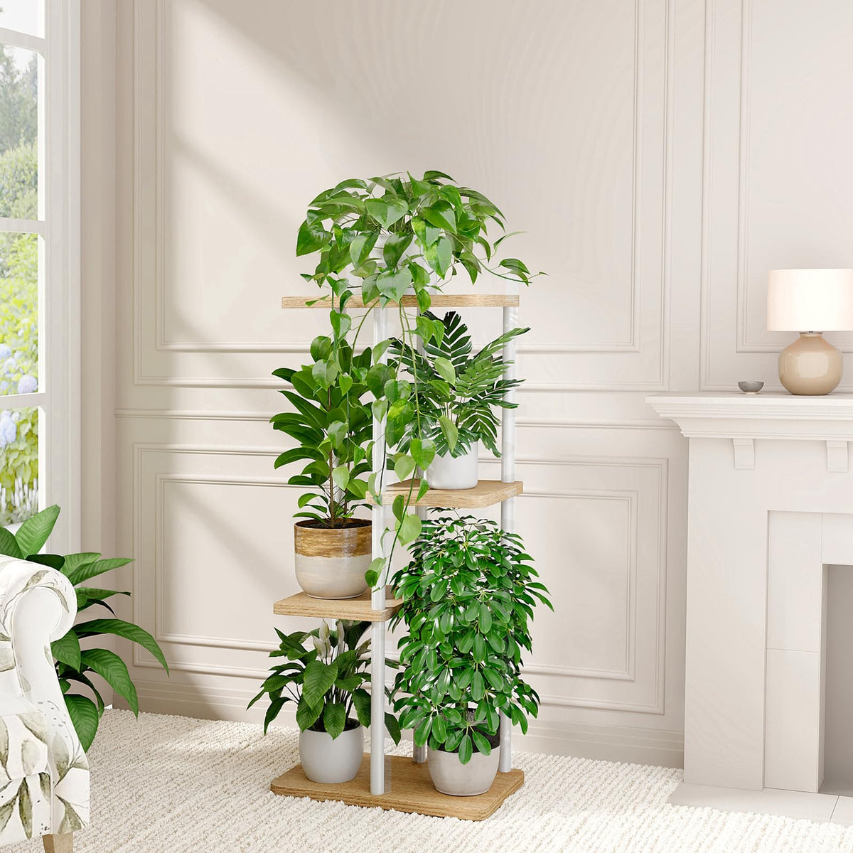 Bamworld 4-tier plant display stand installed in a corner of a living room.