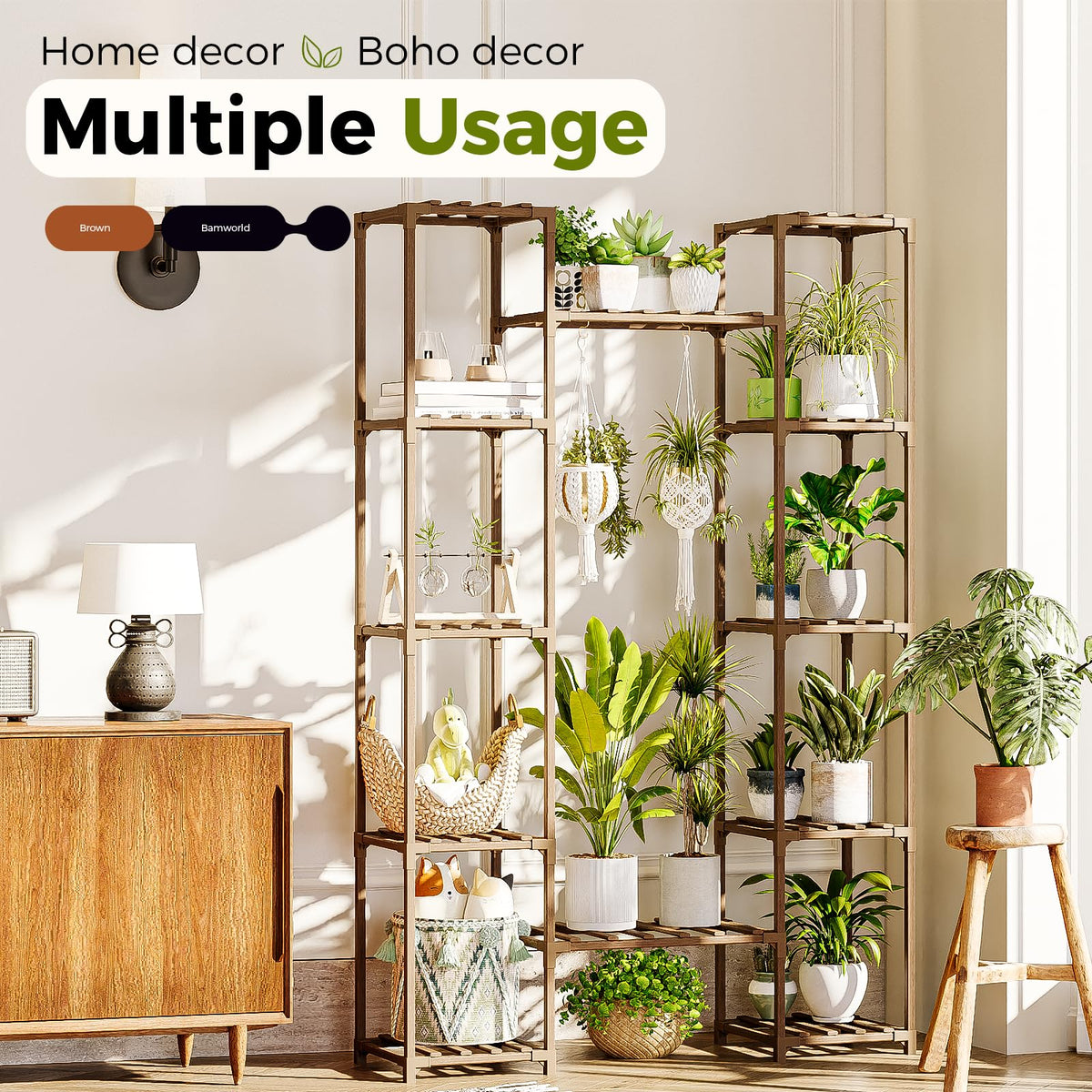 Bamworld plant stand with included instruction manual, hammer, and gloves for easy assembly.