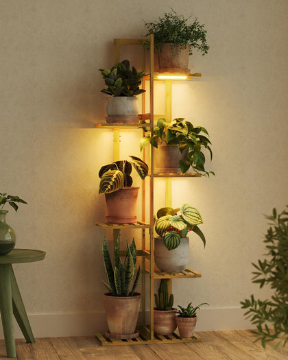 Bamworld bamboo plant stand with grow light for indoor gardening