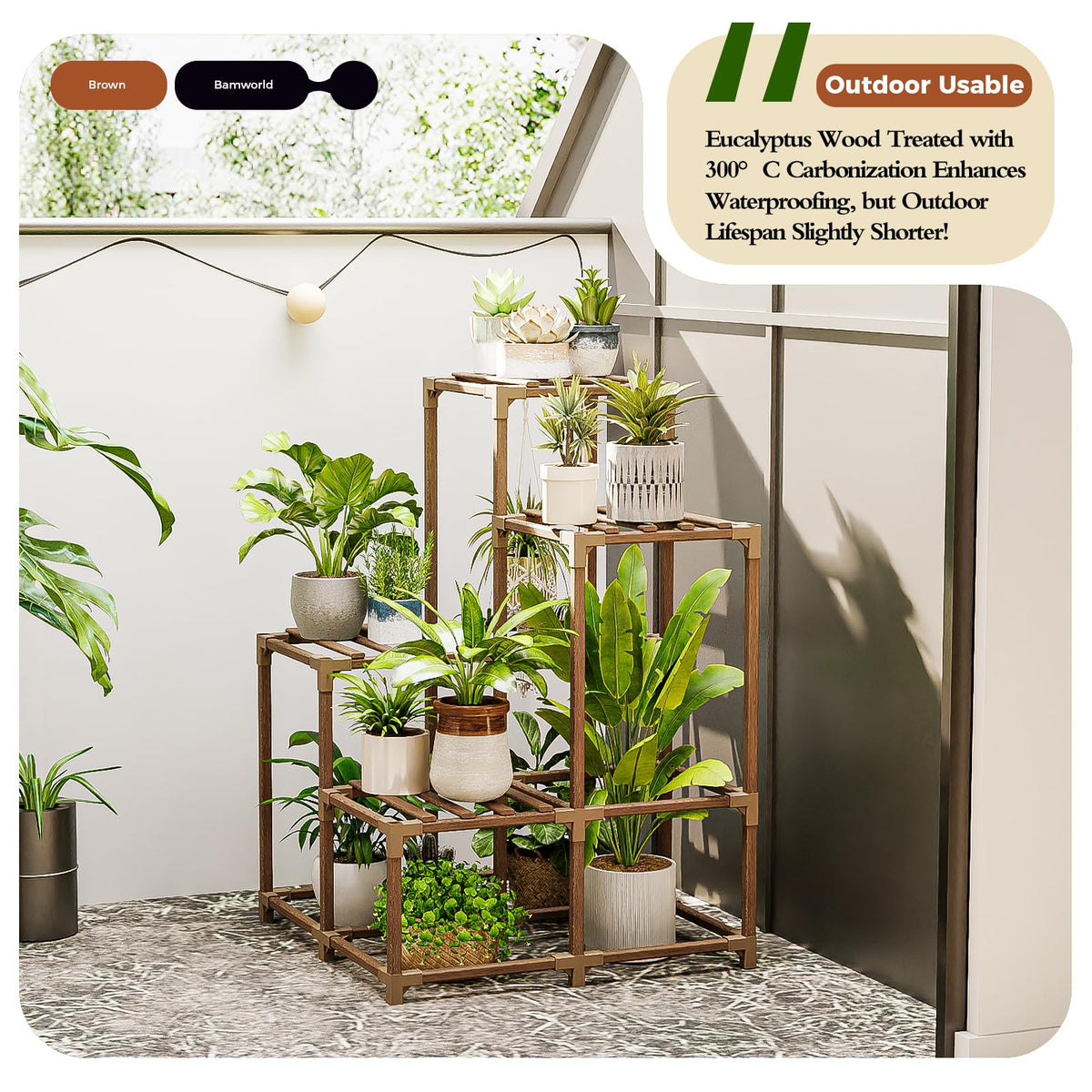 Bamworld carbonized eucalyptus wood stand highlighting durability