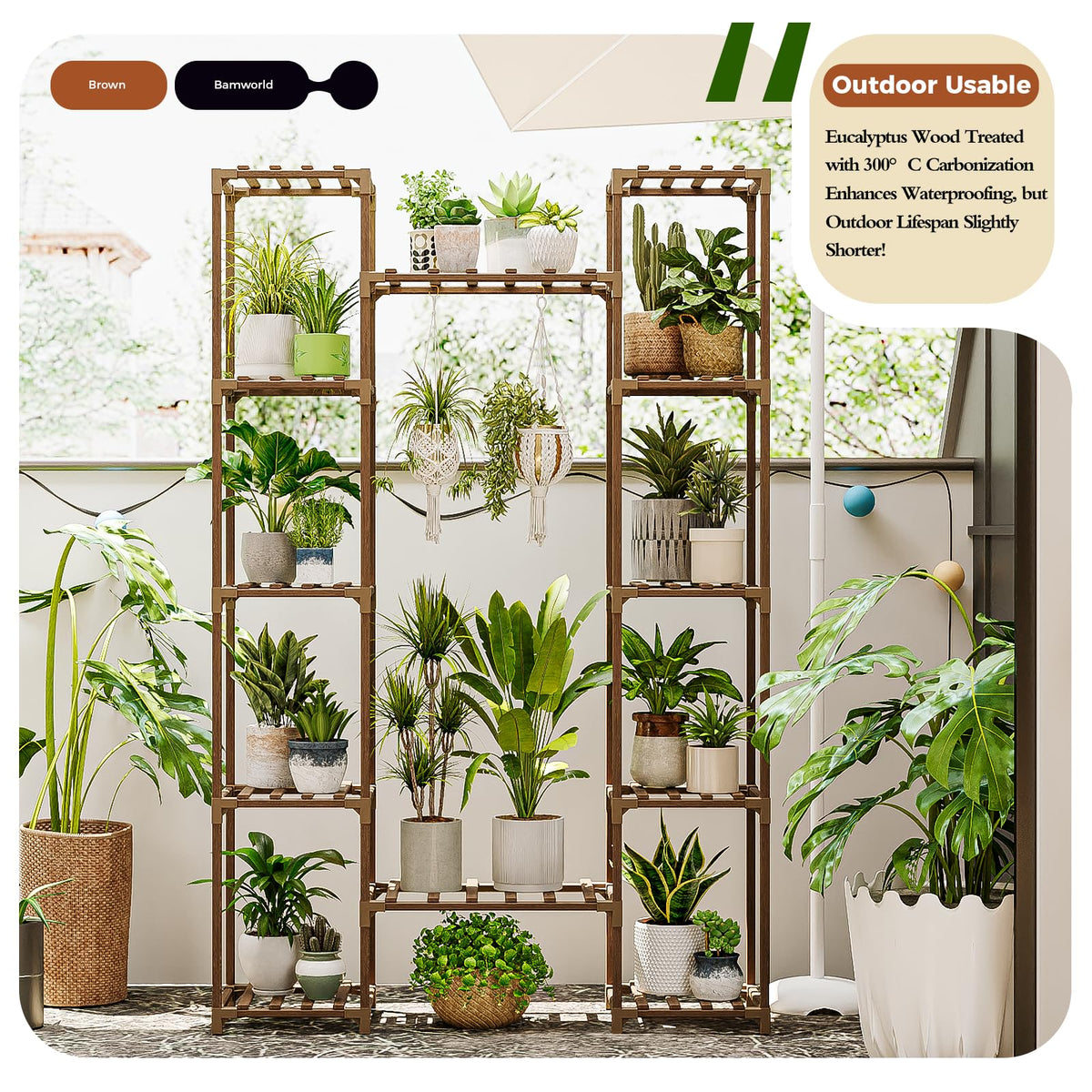 Bamworld 12-tier shelf installed in a corner saving space and boosting sunlight access.
