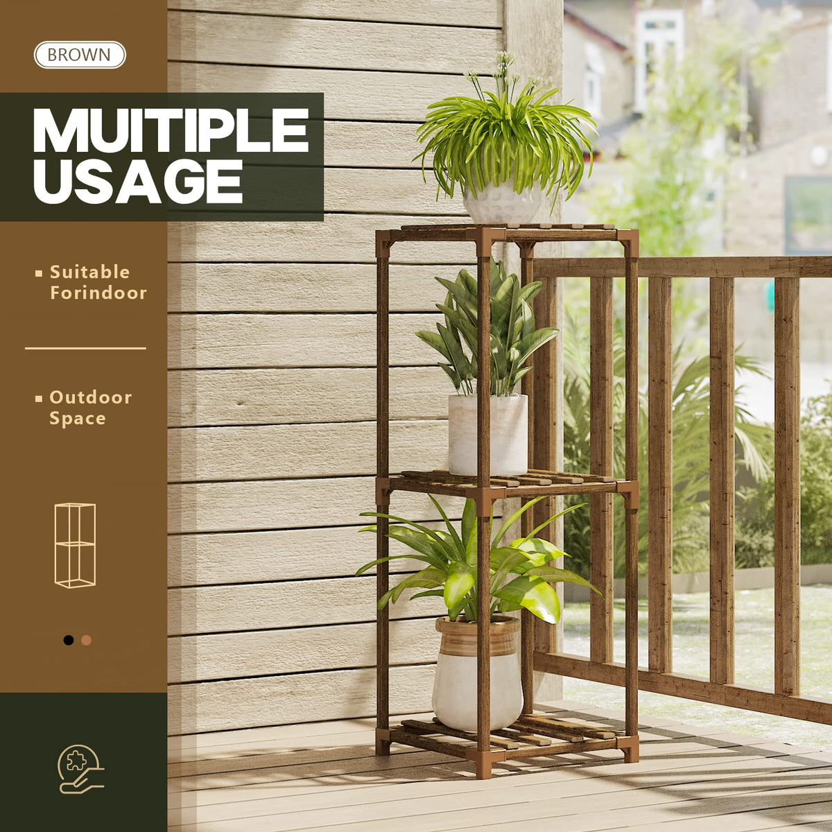Bamworld carbonized natural wood plant shelf highlighting durable, water-resistant design.
