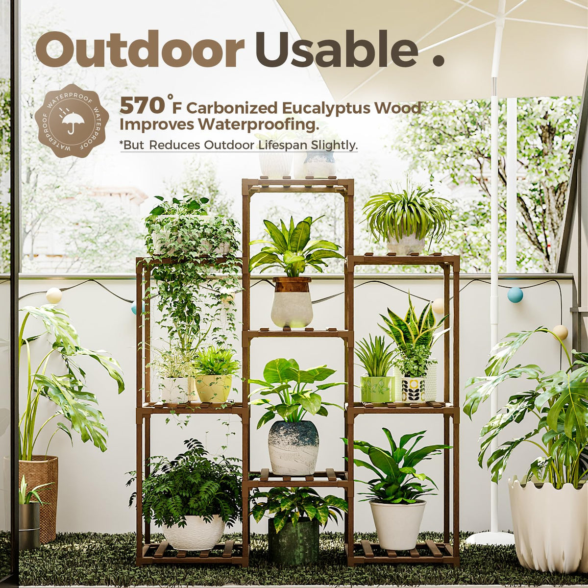 Bamworld carbonized eucalyptus wood plant shelf withstands outdoor weather
