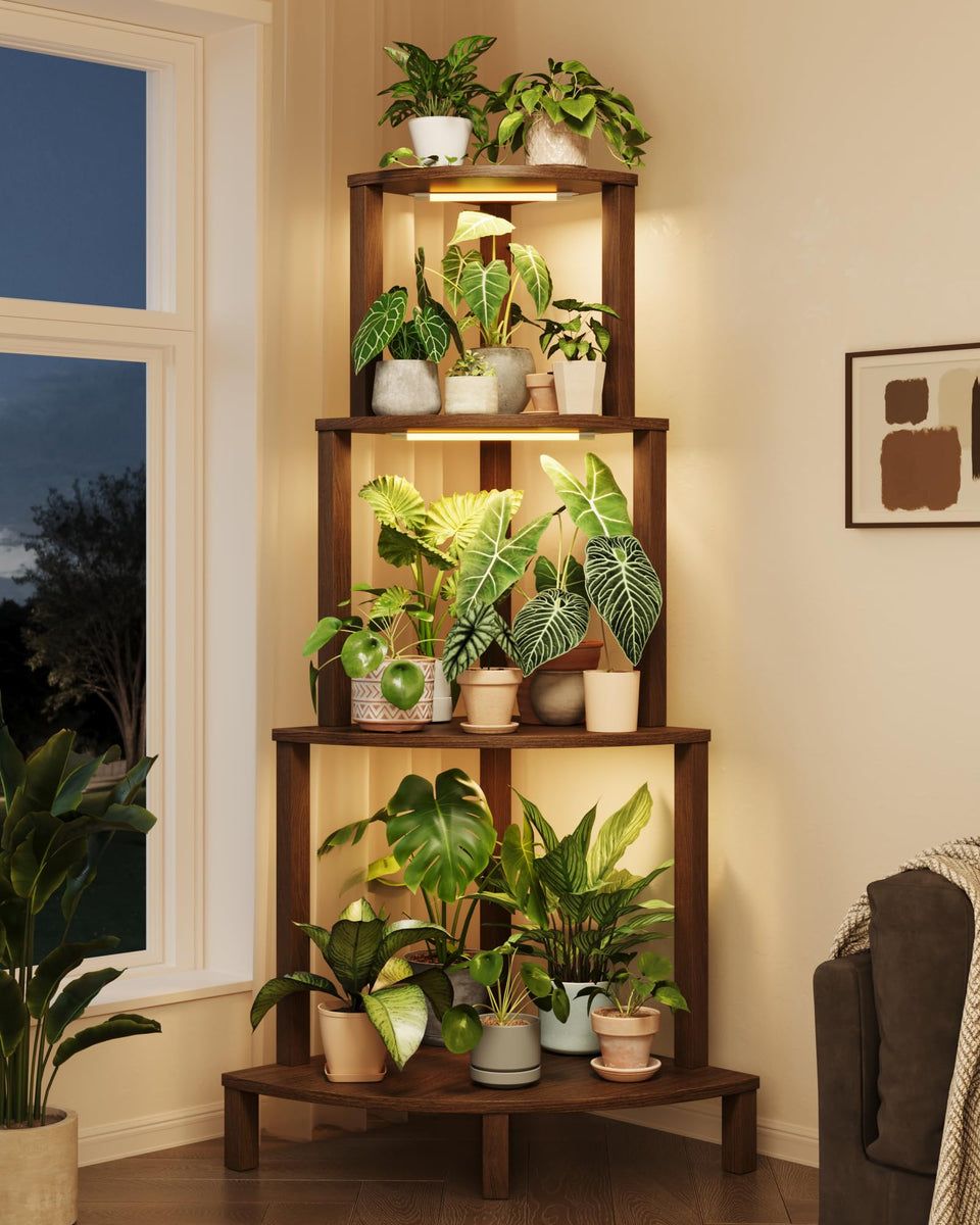 Bamworld corner plant stand with grow lights enhances indoor display and warmth.