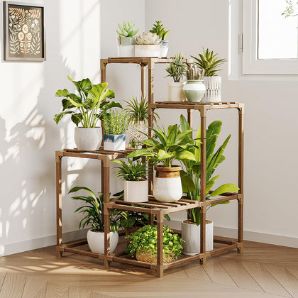 Bamworld corner plant stand in wood for indoor-outdoor display saving space