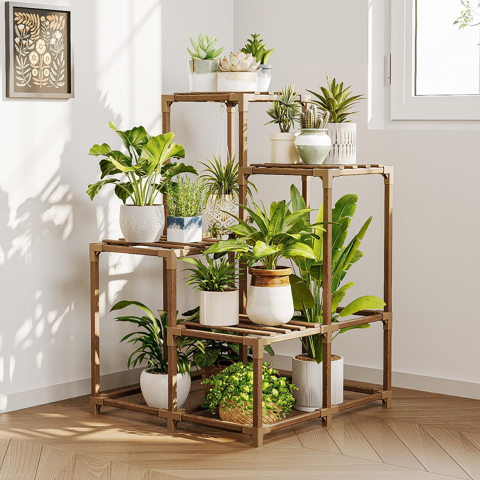 Bamworld corner plant stand in wood for indoor-outdoor display saving space