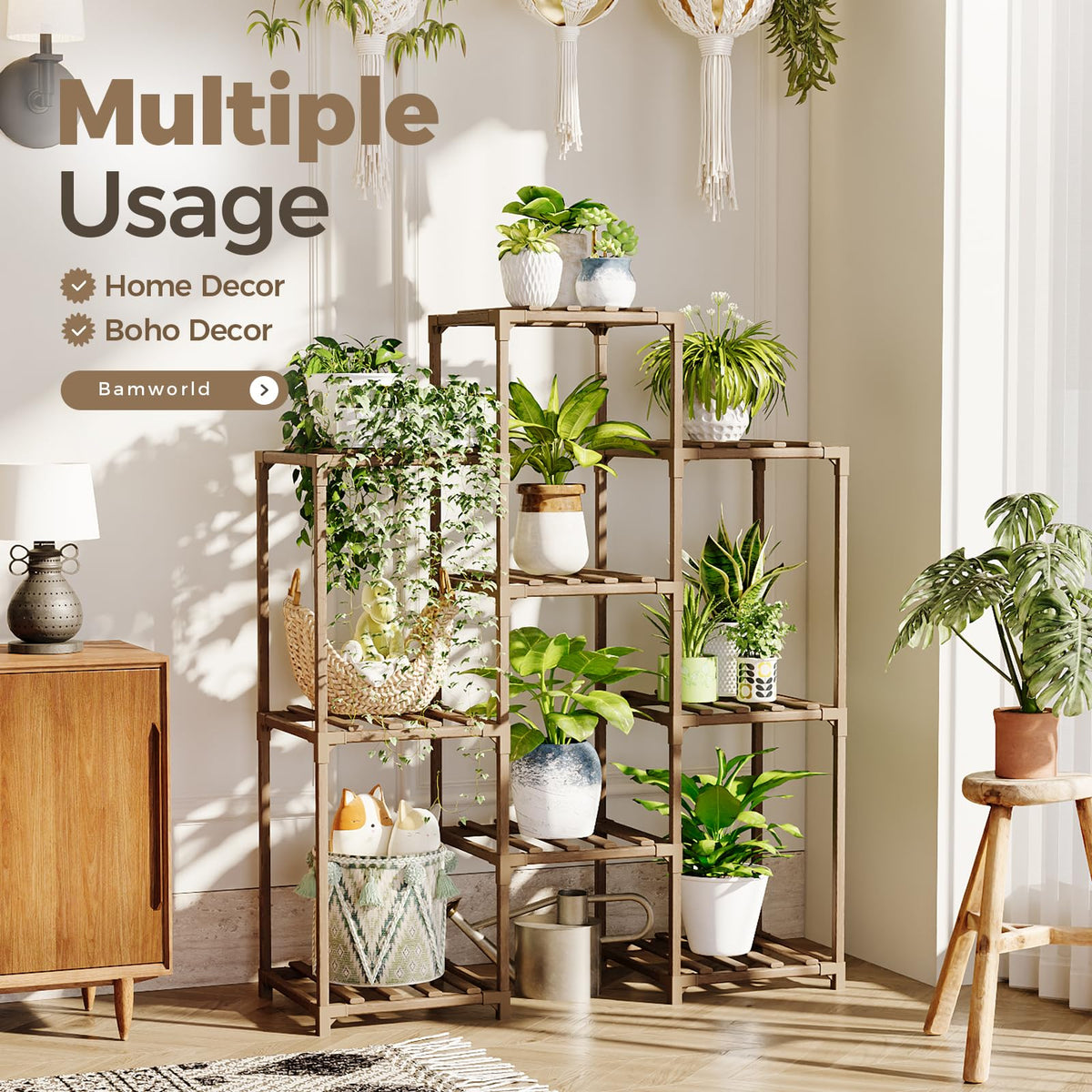 Bamworld indoor plant stand with simple, screw-free assembly for beginners